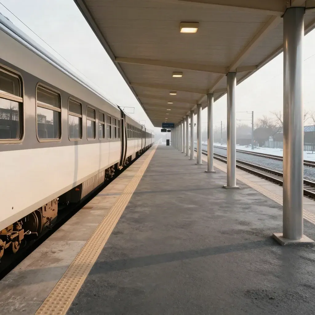 Auto am Park-and-Ride, überdachter Weg zum Bahnsteig im warmen Winterlicht.