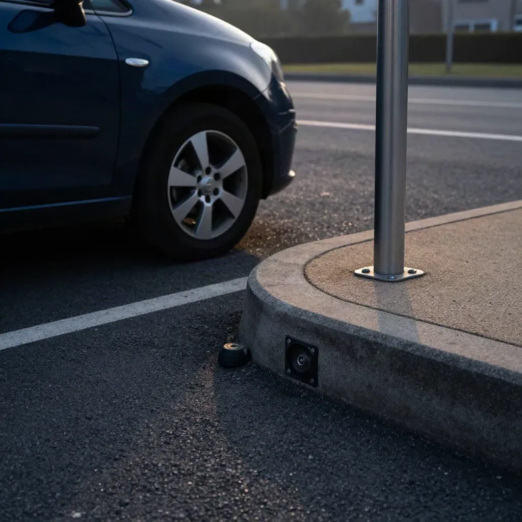 Makro eines offenen Besucherparkplatzes mit Bordstein, Asphalt, Reifen und kompaktem Auto.
