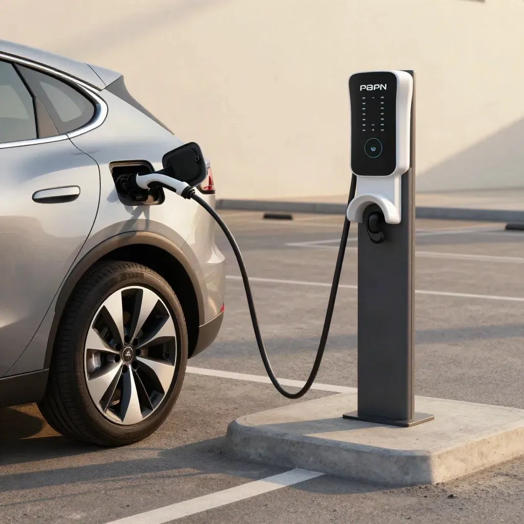 E-Auto lädt an einer Park-and-Ride-Säule, zweite Ladesäule wartet am hellen Stellplatz.
