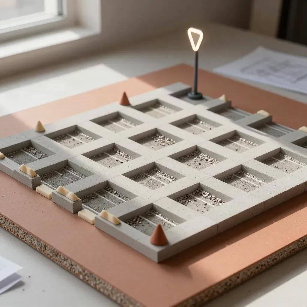 Miniatur-Parkplatzplan mit Blockmarken und Kegelchen auf terrakottafarbener Fläche.