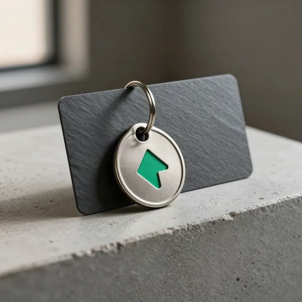 Transit-Token, Shuttle-Schlüsselring und Pfeilmarker auf gebürstetem Metall im Morgenlicht.