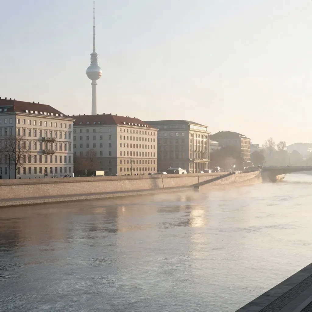 Berliner Skyline mit Fernsehturm über nebligem Fluss und ruhiger Uferkante.