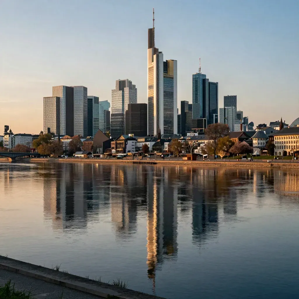 Frankfurter Skyline im goldenen Abendlicht mit Spiegelungen im Main und ruhiger Wasserfläche
