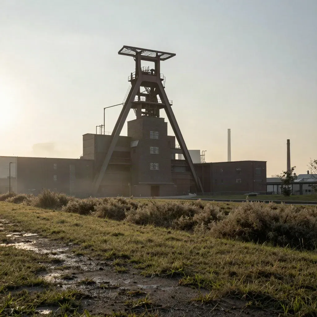 Industriesilhouetten von Zollverein über grüner Ebene im warmen Abenddunst.