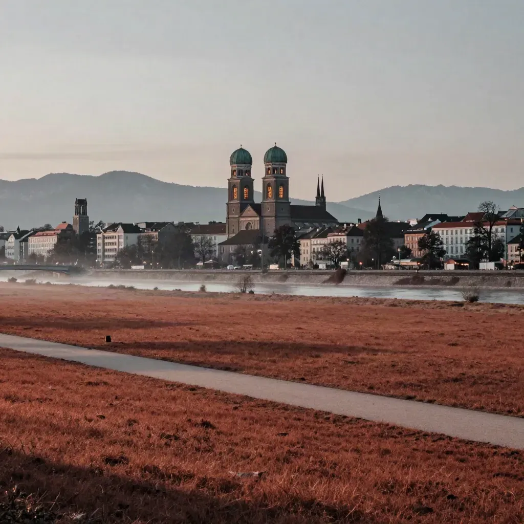Münchner Skyline mit Frauenkirche über ruhiger Isarwiese im blauen Abendlicht