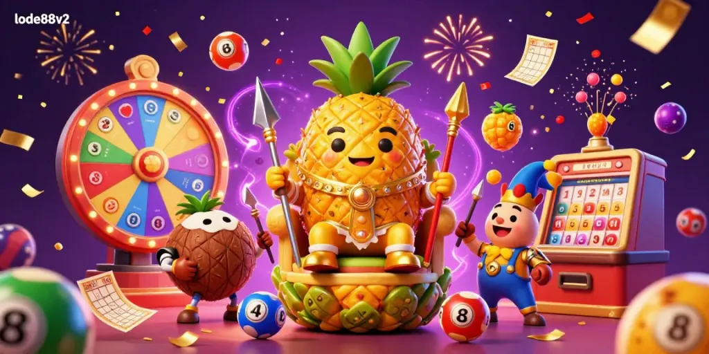 Engage with lode88v2's vibrant casino world featuring a golden pineapple king and exciting lottery elements.