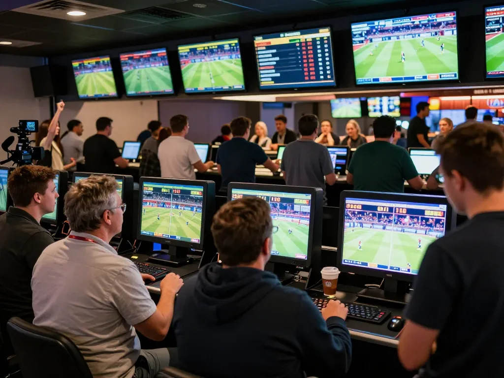 Sports bettors engaging with betting terminals while watching live games on screens at 7m-7m sports venue