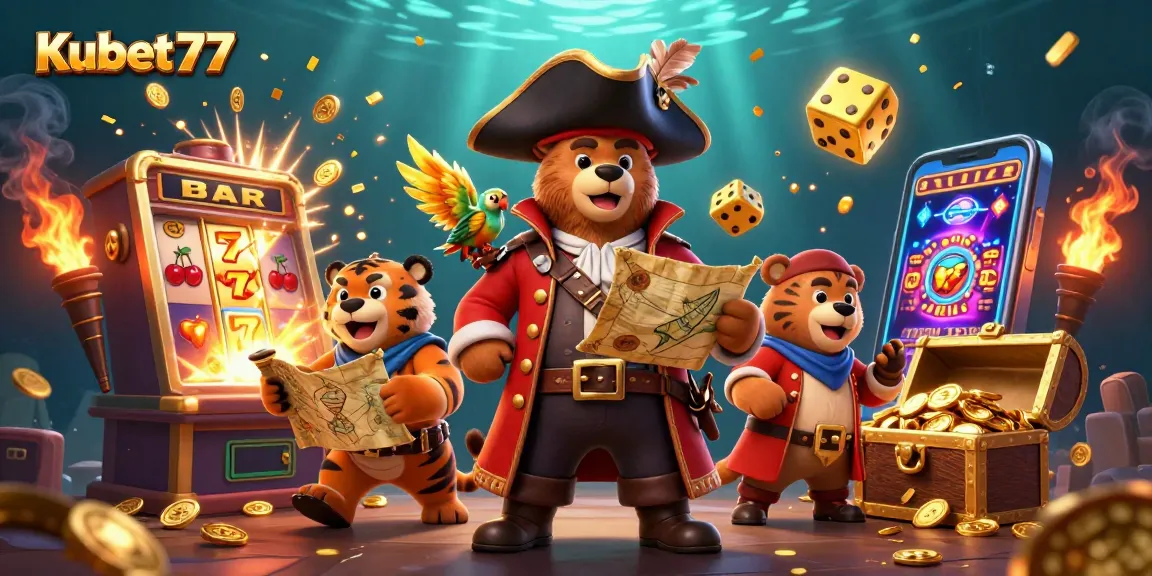 Join the adventurous bear captain and his tiger first mate at Kubet77 casino, surrounded by a festive jackpot!