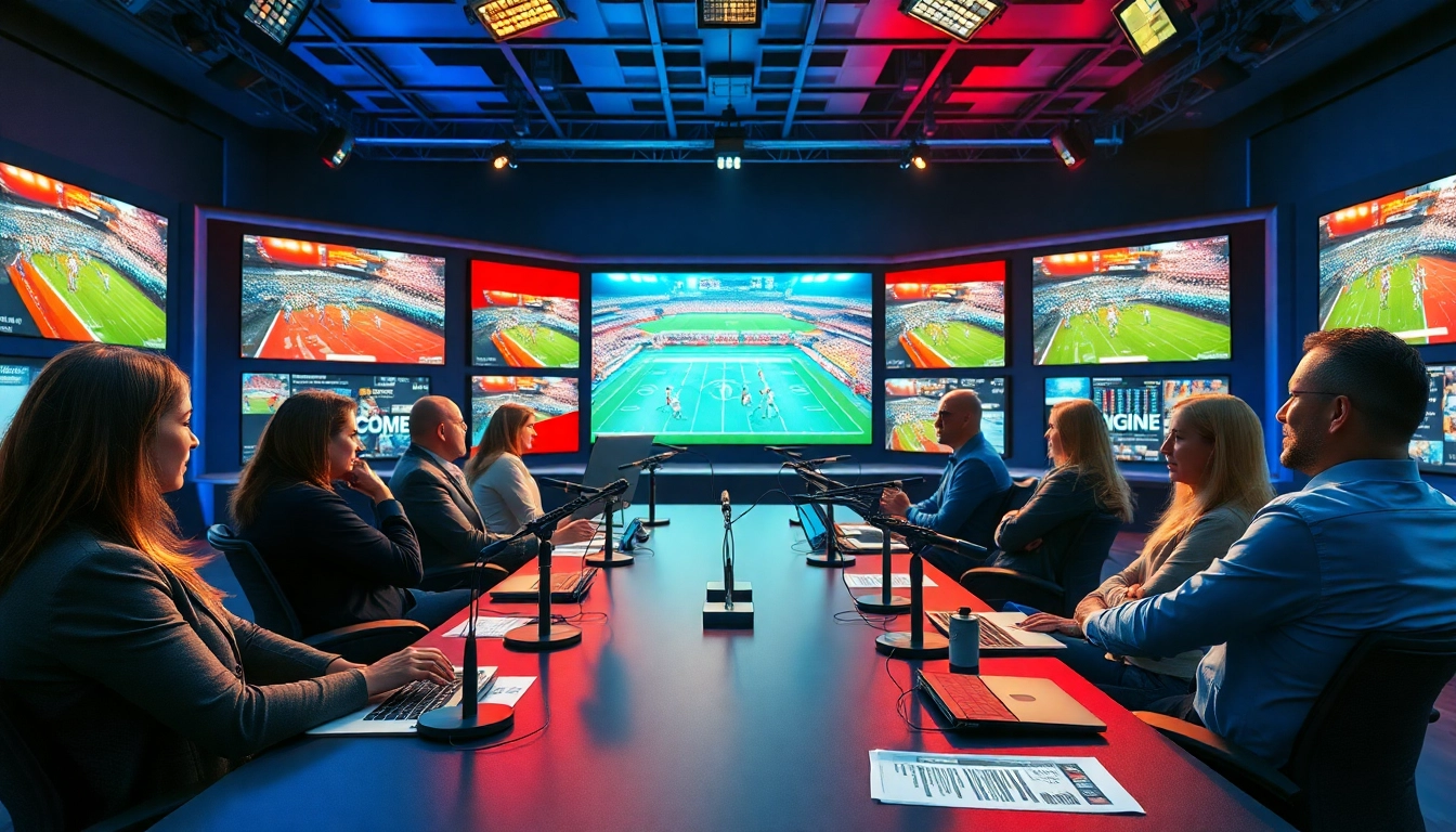Engaging team members in action during a Sports Broadcasting session with vibrant screens and professional setup.