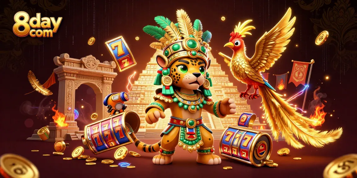 Engage with exciting games at 8day com, featuring vibrant animations of slot reels and dynamic casino elements.