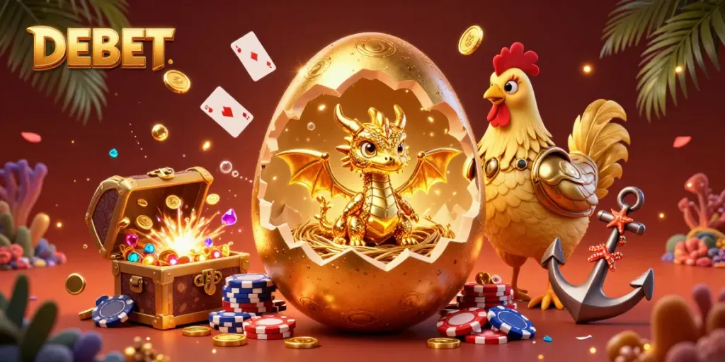 Experience the excitement of DEBET with a golden dragon and poker chips in a vibrant casino setting.