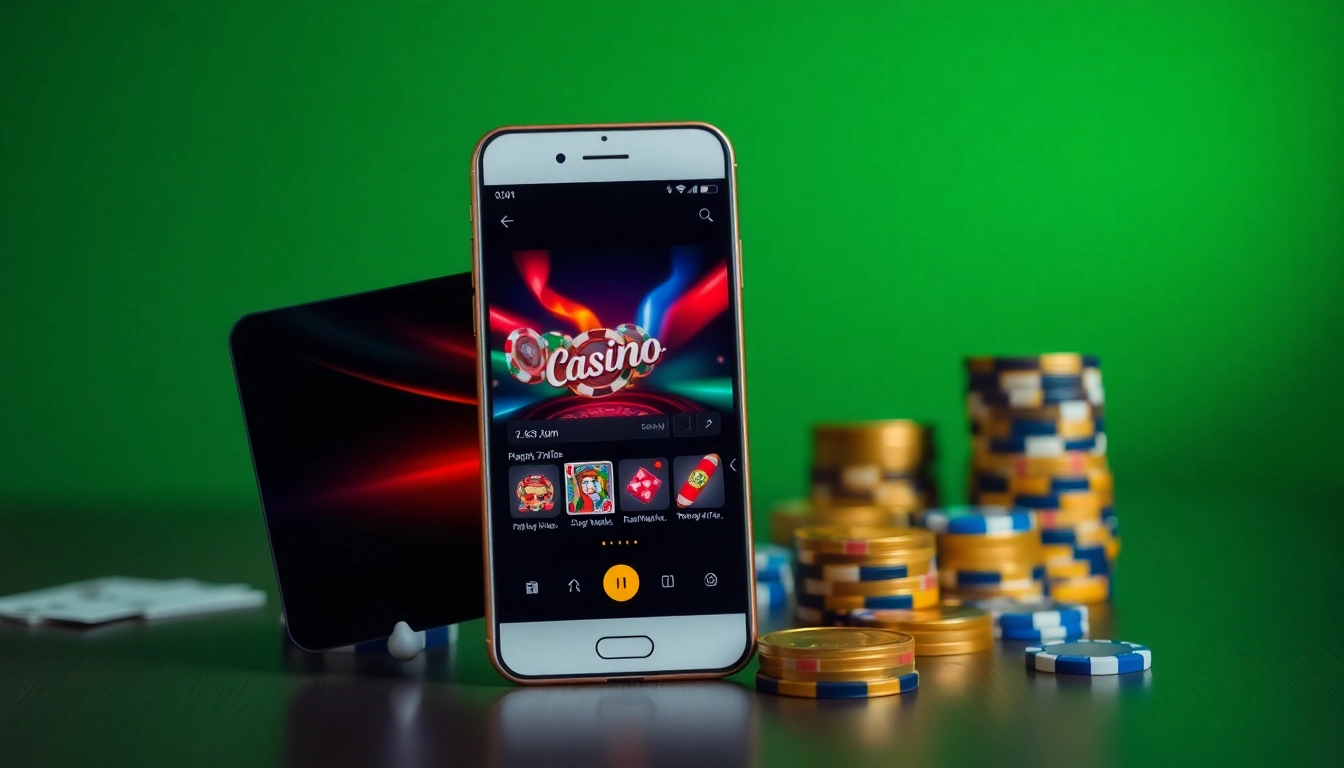 Entdecken Sie die beste Online Casino App für Echtgeldspiele in Deutschland auf einem Smartphone mit lebhaften Glücksspiel-Requisiten.