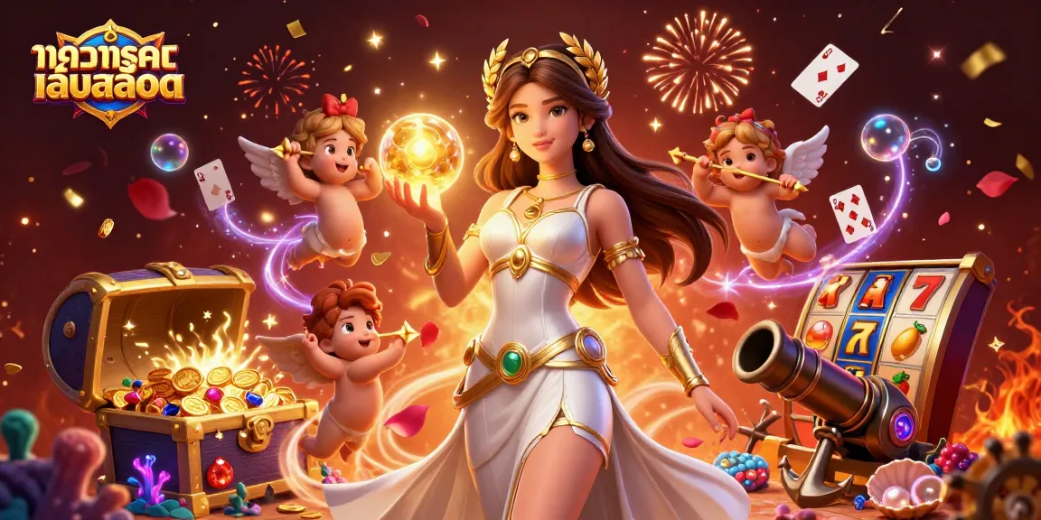 Engage in ทดลองเล่นสล็อต with a stunning illustration of a goddess, Cupid cherubs, and vibrant casino elements.