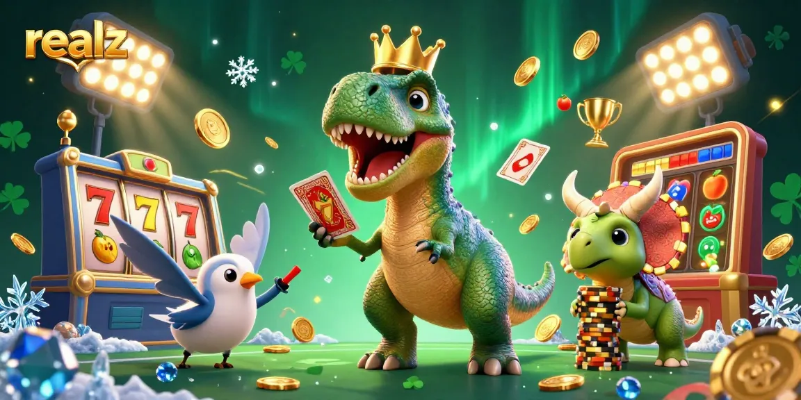 Engage in realz casino games featuring a T-Rex shuffling cards with his assistant, immersed in playful gaming excitement.
