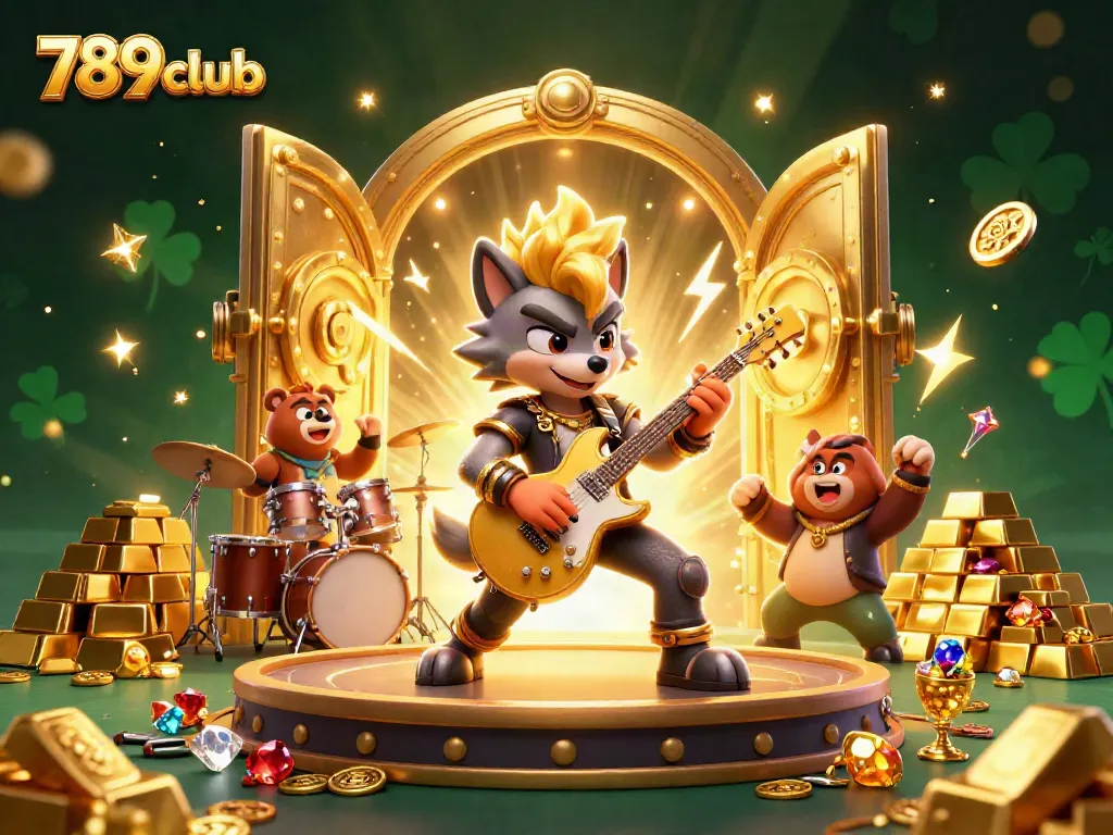 Experience the thrill of 789club with a vibrant 3D casino scene featuring a rock star wolf and drummer bear.