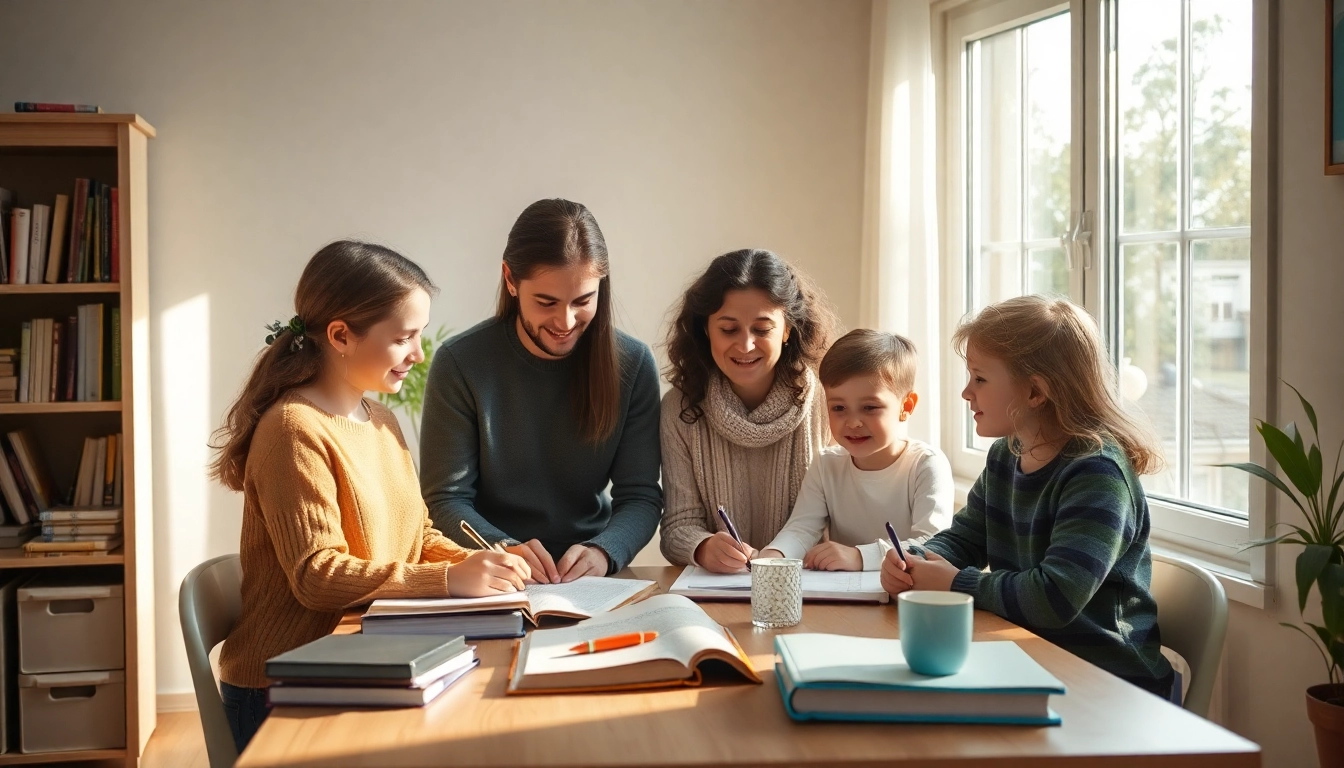 Familie engagiert sich beim Heimunterricht, mit Lehrmaterialien in einem hellen Raum.