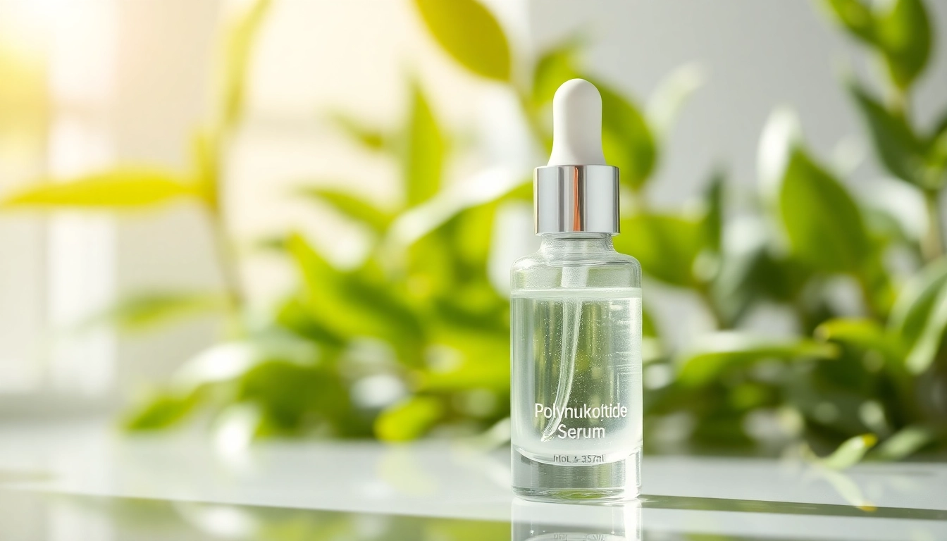 Polynukleotide in a sleek vial amidst lush greenery, highlighting its natural skincare benefits.