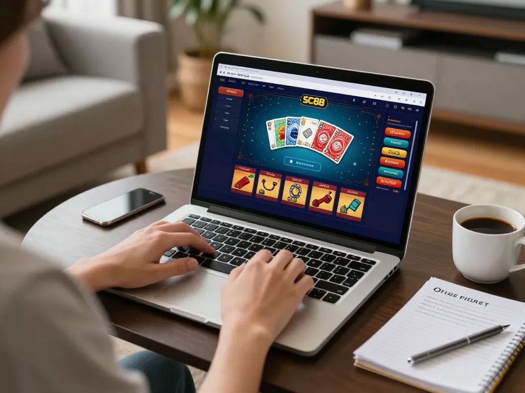 Player enjoying SC88 BET online gaming session on laptop in cozy home setting