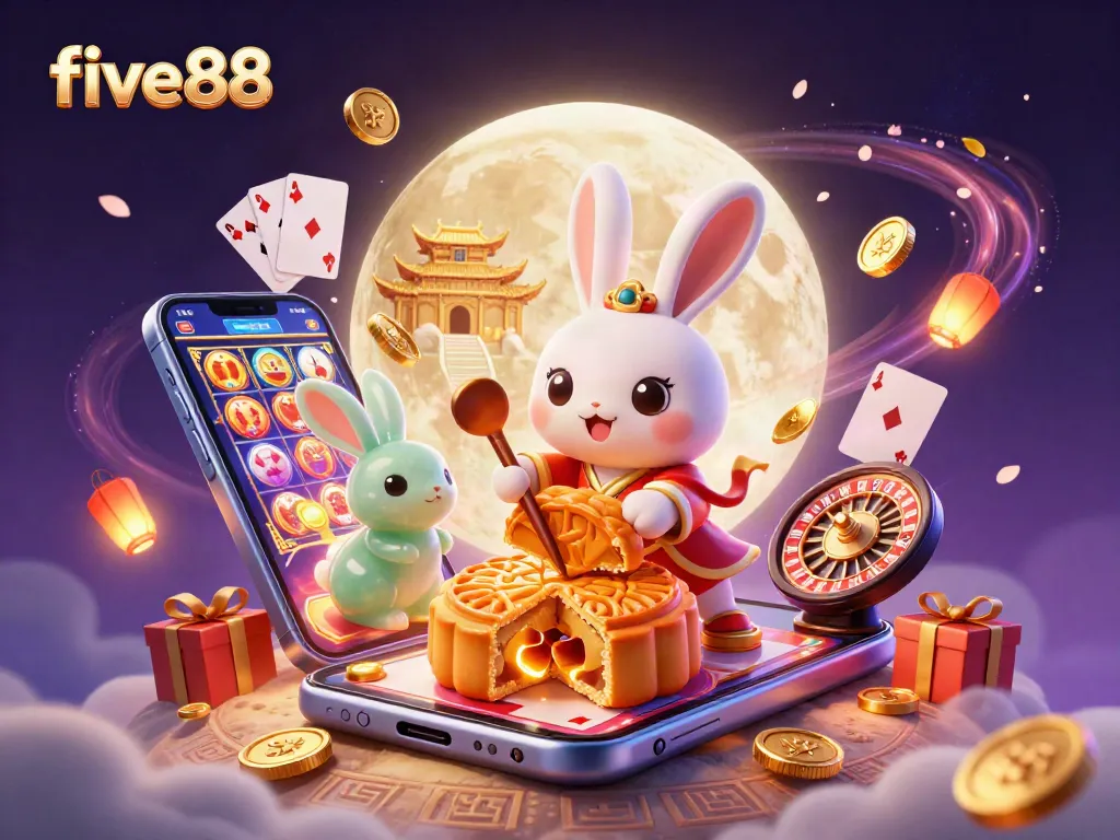 Engage in captivating five88 casino games with a vibrant lunar scene featuring slot games and poker elements.