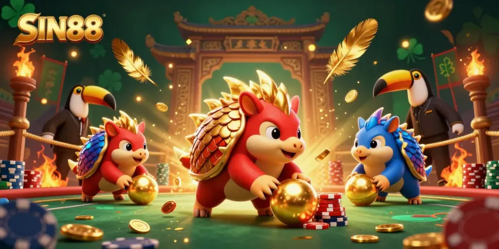 SIN88's exciting casino scene showcases rival pangolins playing amidst dazzling animations and vibrant casino elements.