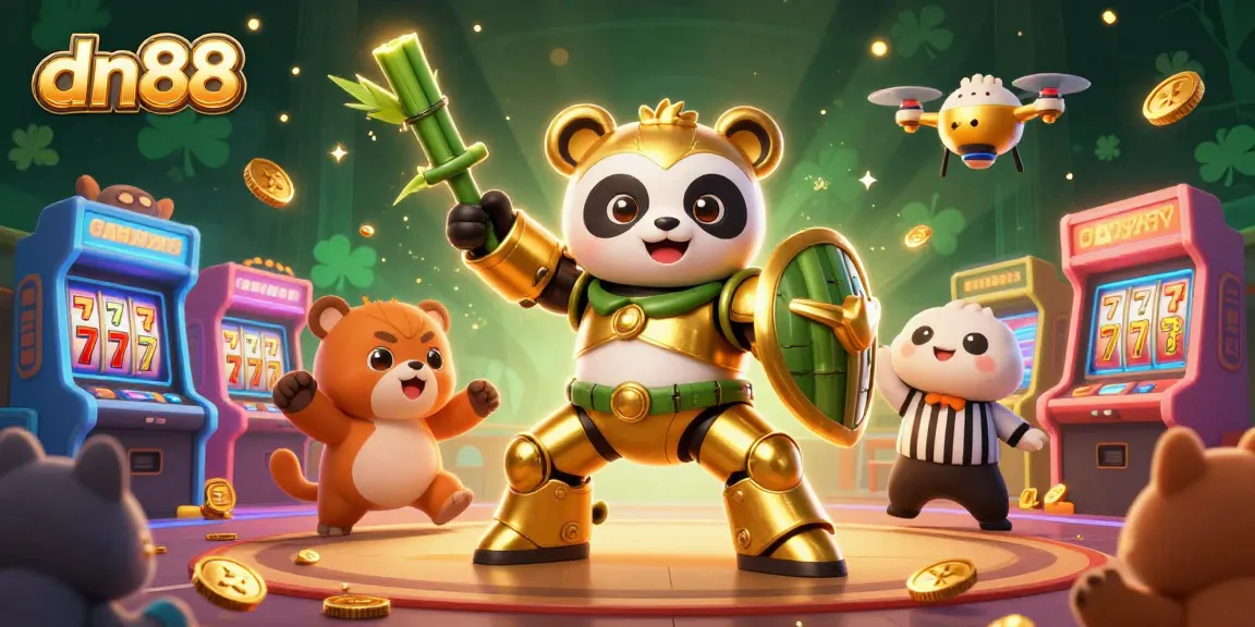 Experience excitement at dn88 with dynamic visuals showcasing 3D casino elements like slots and animated characters.