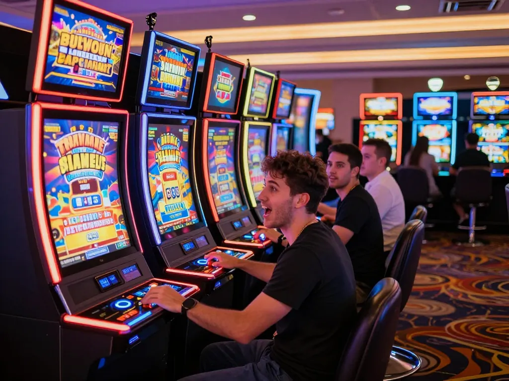 Slot gacor 777 players engaging with colorful slot machines in vibrant casino atmosphere