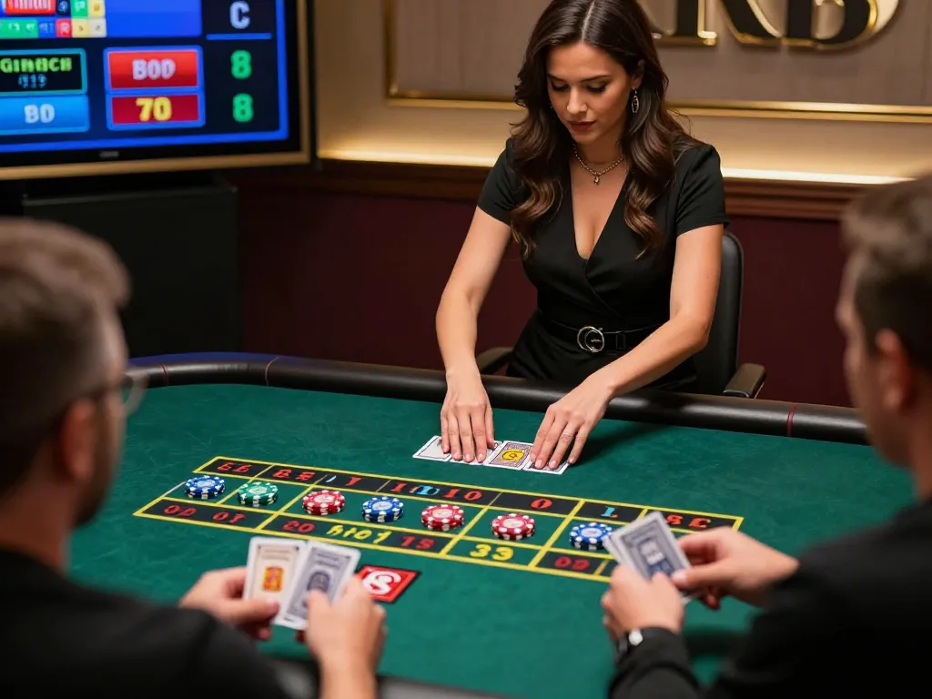 Engage with live baccarat gameplay at RR88, featuring a charming dealer and vibrant interaction with players.