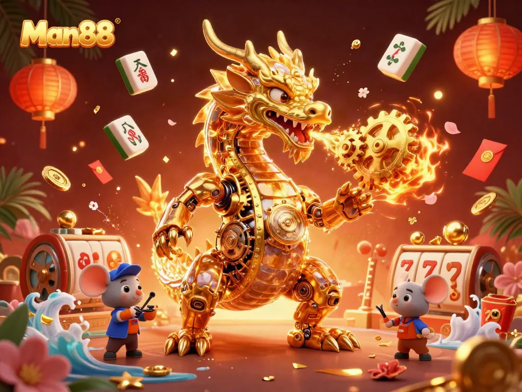 Experience thrilling gaming with Man88’s golden dragon and vibrant casino elements.
