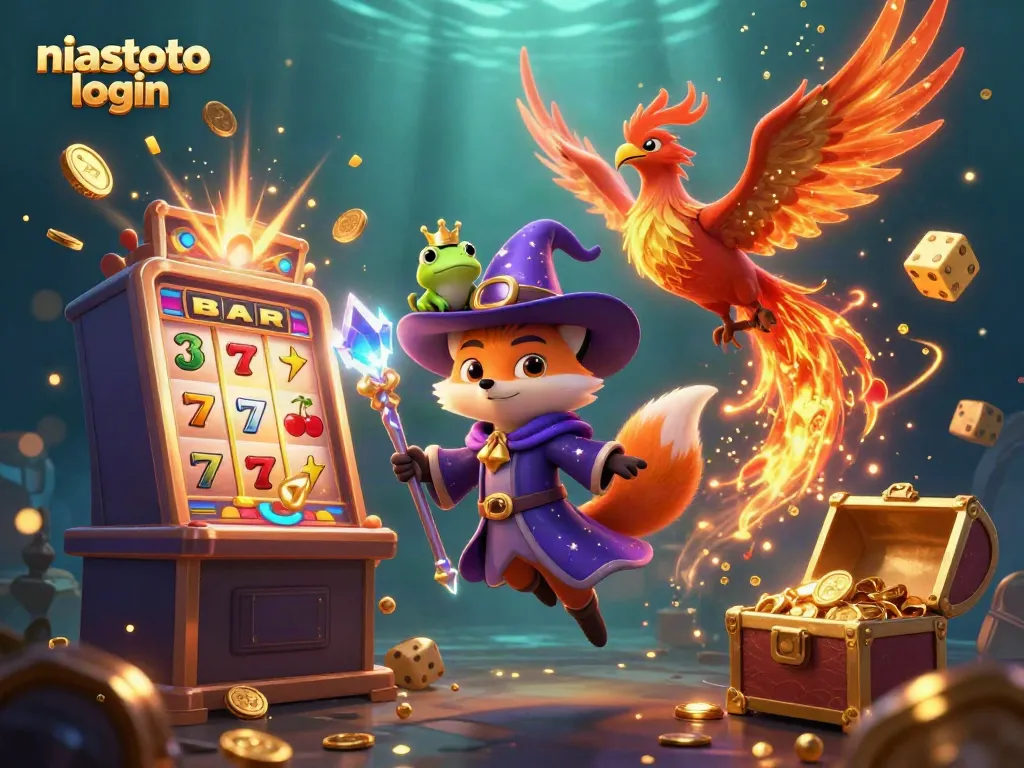 Visualisasi niastoto login dengan karakter kasino yang menarik dan elemen permainan yang meriah.