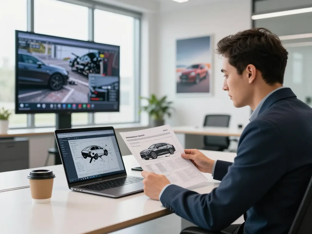 Kfz Gutachter bewertet Fahrzeugschäden in einem modernen Büro, das Professionalität und Expertise zeigt.