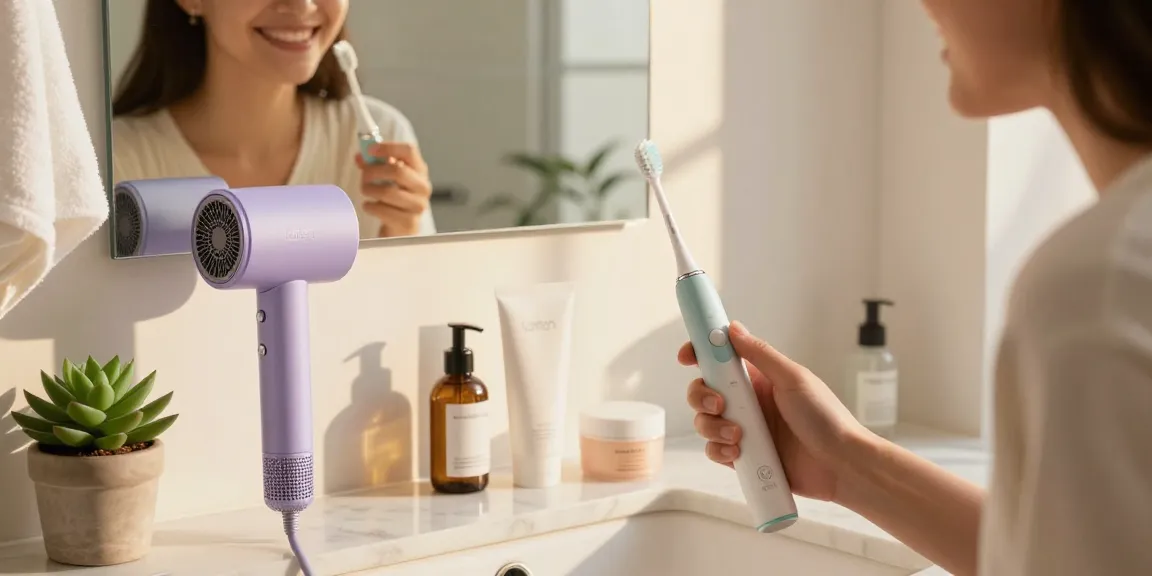 Laifen de elektrische Zahnbürste Wave Pro und Haartrockner in modernem Badezimmer.