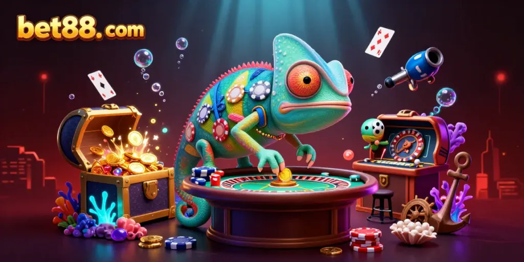Experience exciting games at bet88. com with a vibrant chameleon casino owner and thrilling game elements.