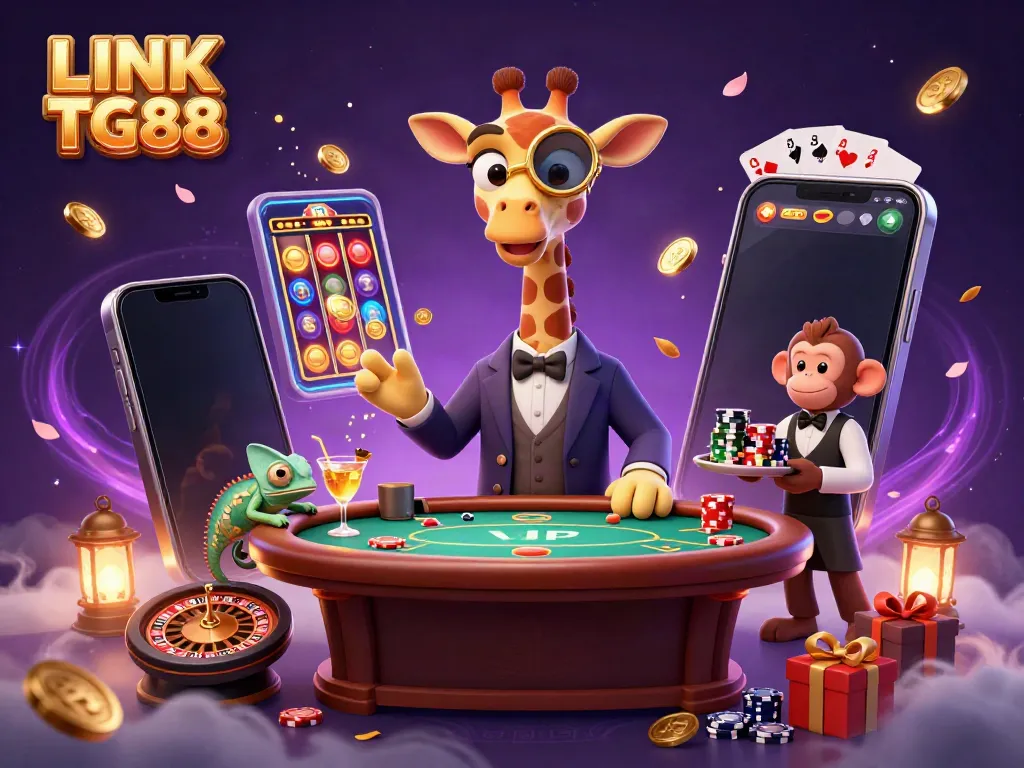 Experience the thrill of LINK TG88 with our vibrant 3D casino scene featuring a high-roller giraffe and exciting games.
