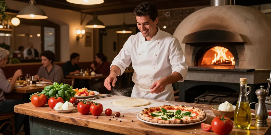 Chef making pizza at Pizzeria Madera with fresh ingredients and warm ambiance, highlighting pg soft.