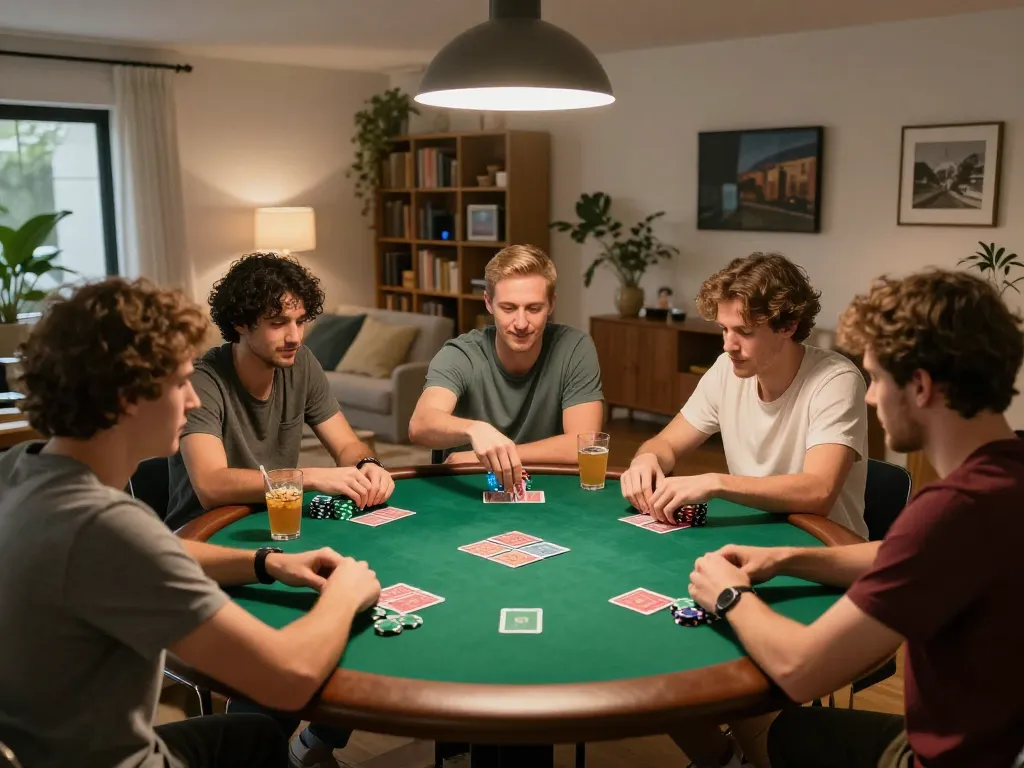 Friends strategically evaluating hands at a home poker night using a KI Detektor Uni.