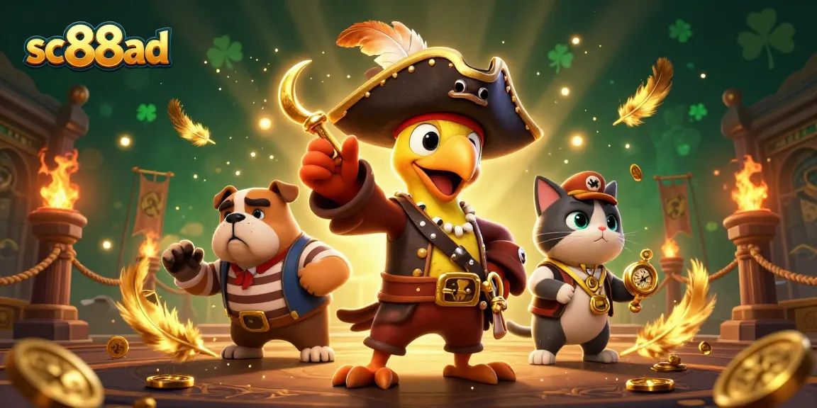 Engage with the thrilling atmosphere of sc88ad's online casino, featuring a pirate captain and companions.