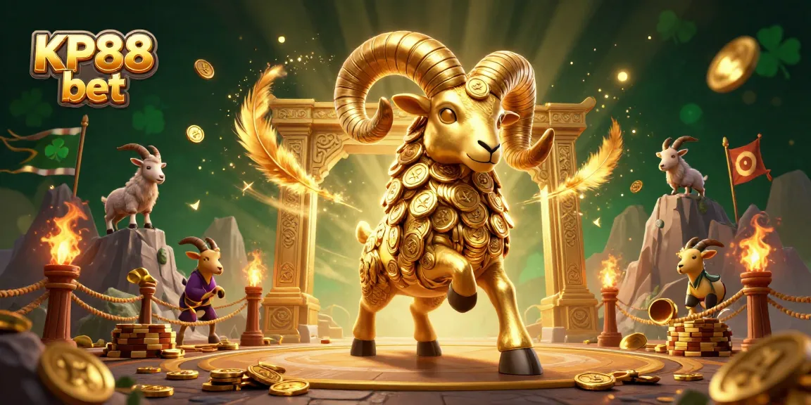 Experience thrills with KP88 bet featuring a dynamic golden ram amidst rich gambling symbols and arena effects.