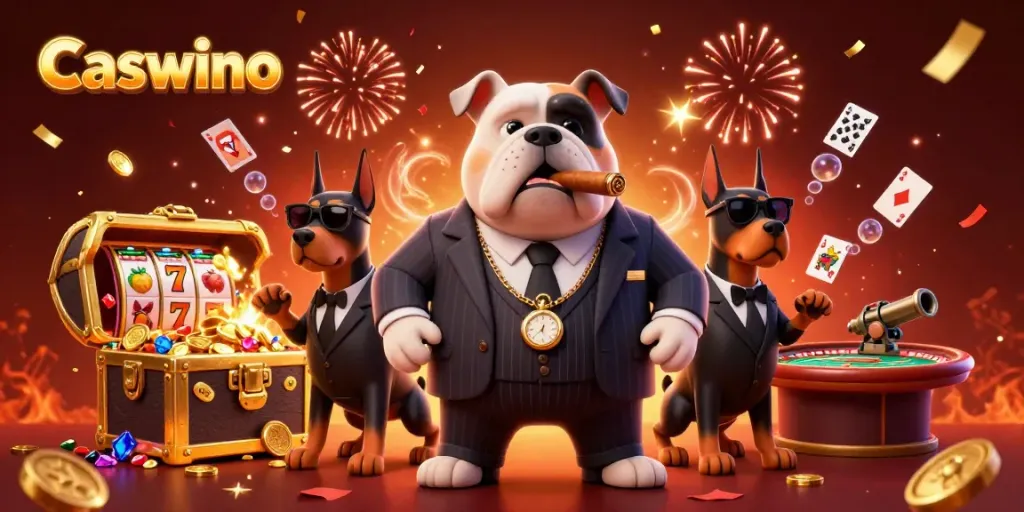Caswino's animated mafia boss bulldog celebrates a winning casino night with gold coins and colorful gems.