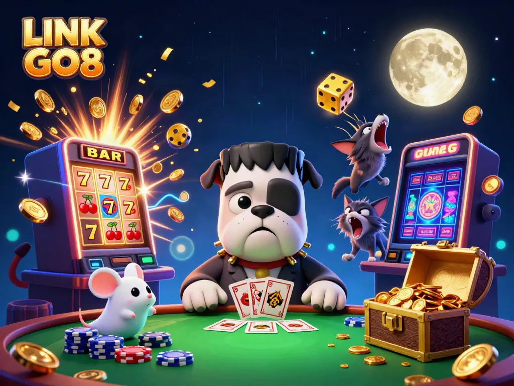 Engaging LINK GO8 illustration showing Dracula bulldog dealing cards, slot machine bursting coins