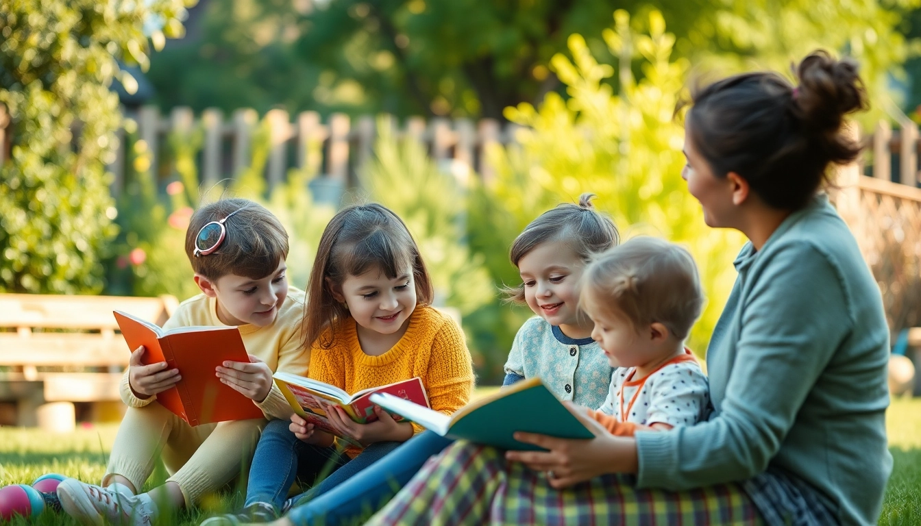 Kindererziehung in einer harmonischen Garten-Szene mit Eltern und Kindern, die spielen und lernen.