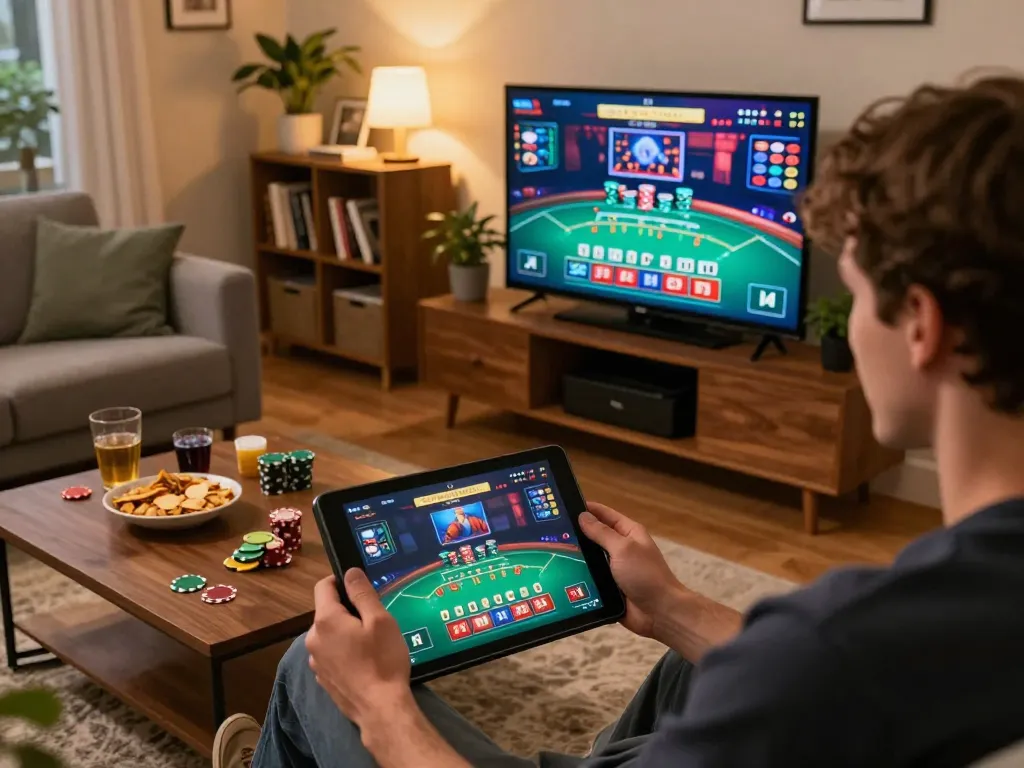 Enjoying an online gambling session at cm88 while playing blackjack on a tablet at home