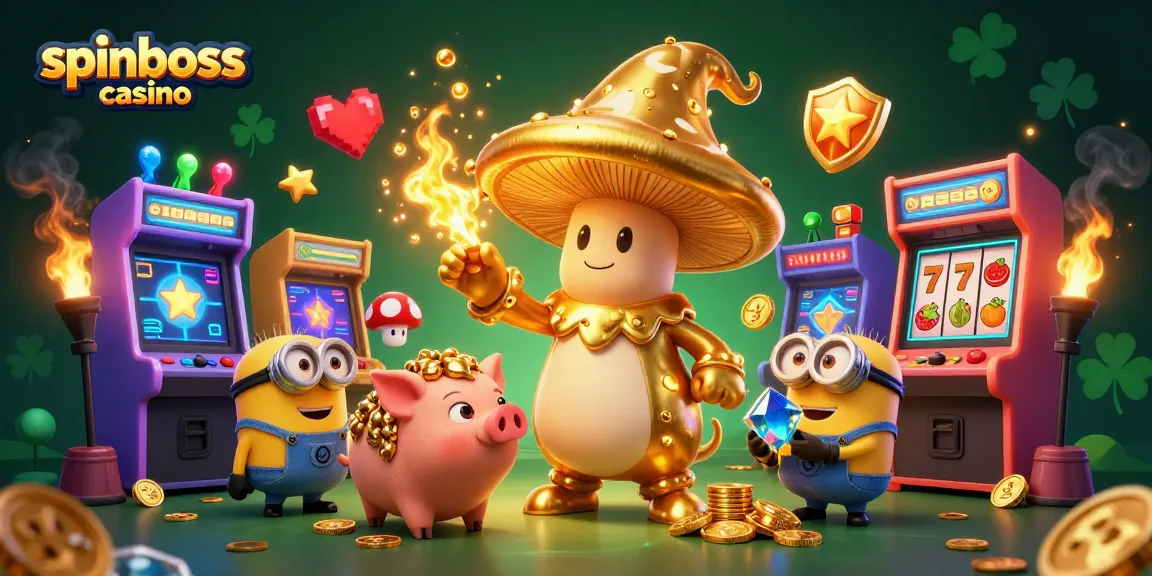Erlebe das spinboss casino mit einem magischen goldenen Zauberer und aufregenden Spielautomaten-Elementen.
