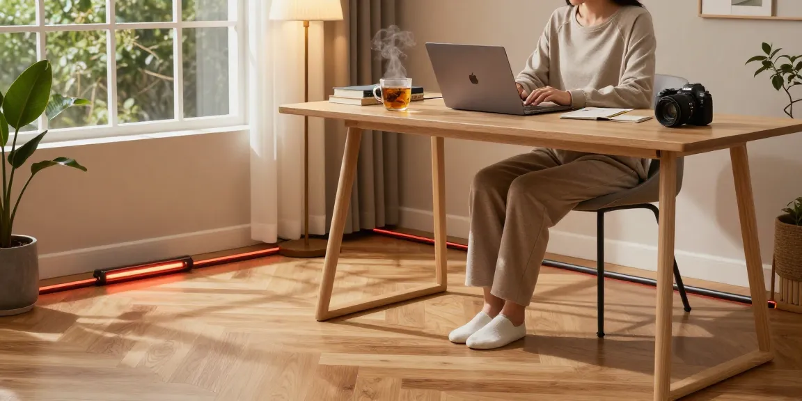 Warmes und einladendes Home Office mit Infrarot Fußbodenheizung, gemütlicher Atmosphäre und stilvollem Dekor.