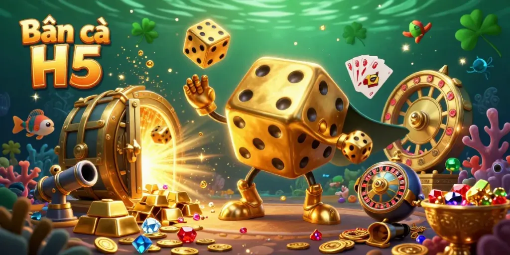 Engage in Bắn cá H5 with a golden dice golem and vibrant underwater treasures, showcasing thrilling gambling elements.