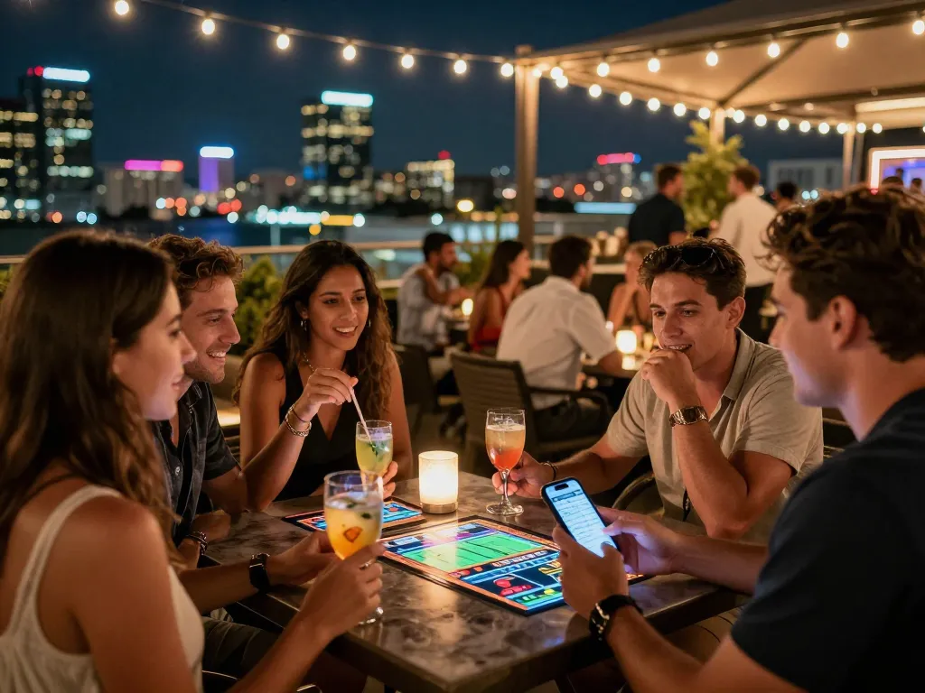 VA88 guests excitedly strategizing sports betting over drinks at a rooftop casino bar