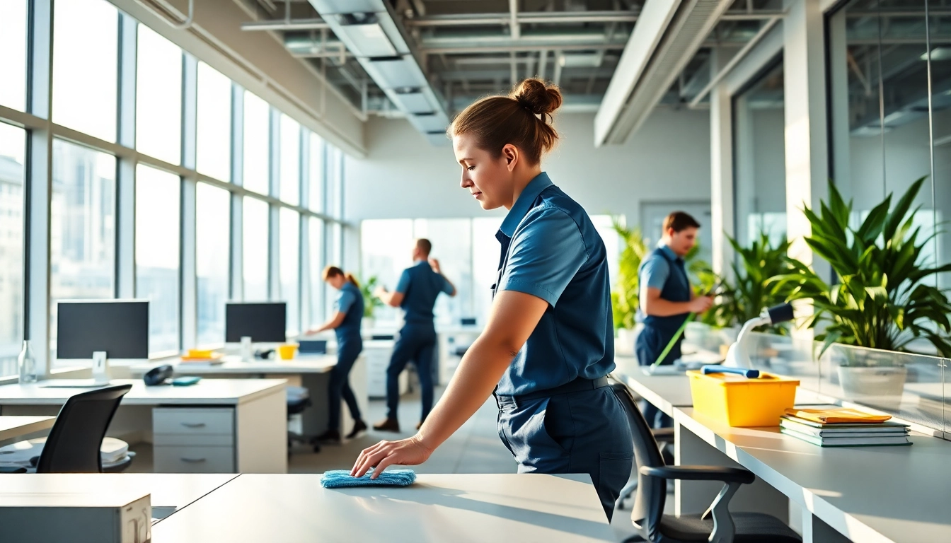 Professionelle Gebäudereinigung Ulm in einem modernen Büro mit engagiertem Reinigungspersonal.