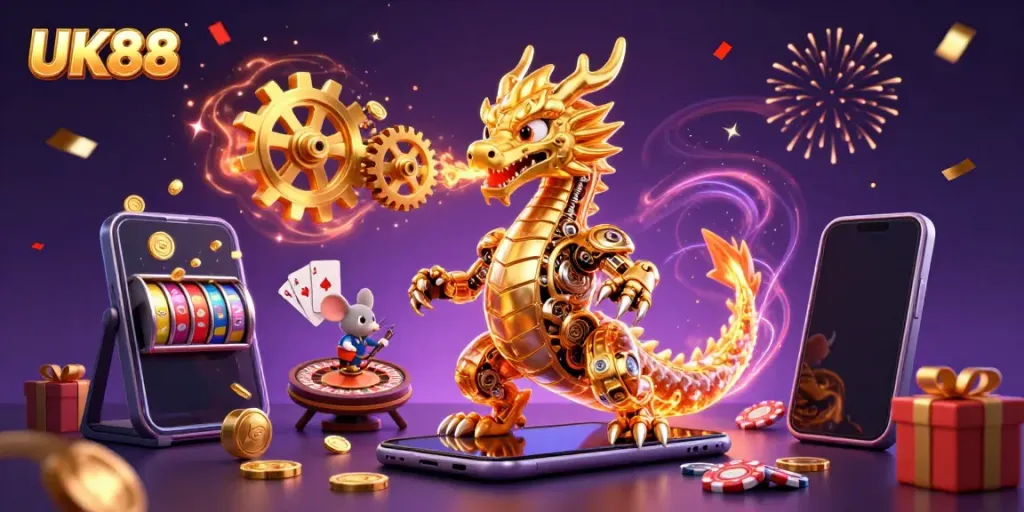 Experience the thrill of UK88 with a golden dragon and casino elements in a vibrant 3D scene.