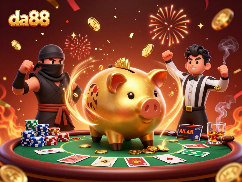 da88 showcases an exhilarating 3D scene with a sumo wrestler piggy bank and ninja, capturing the thrill of gaming