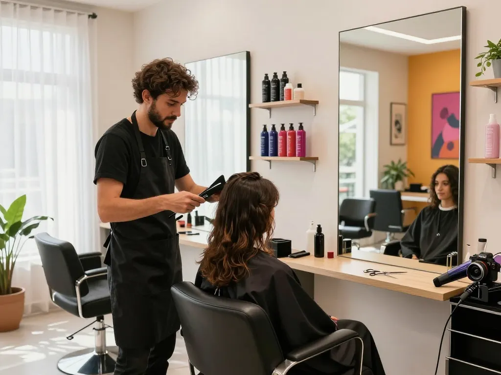 Cabeleireiro profissional cortando cabelo em um salão vibrante.