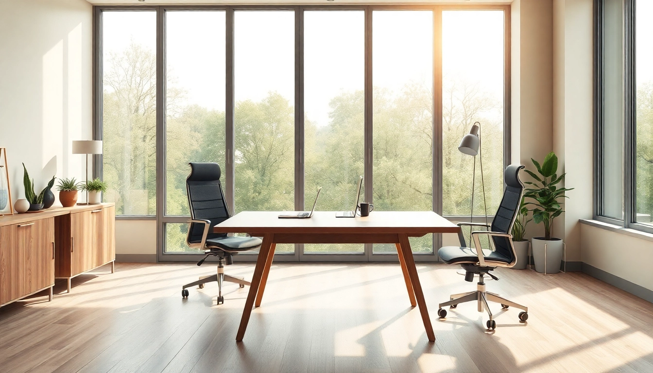 Büromöbel in einem modernen Büro, das einen eleganten Schreibtisch, ergonomische Stühle und viel Tageslicht zeigt.